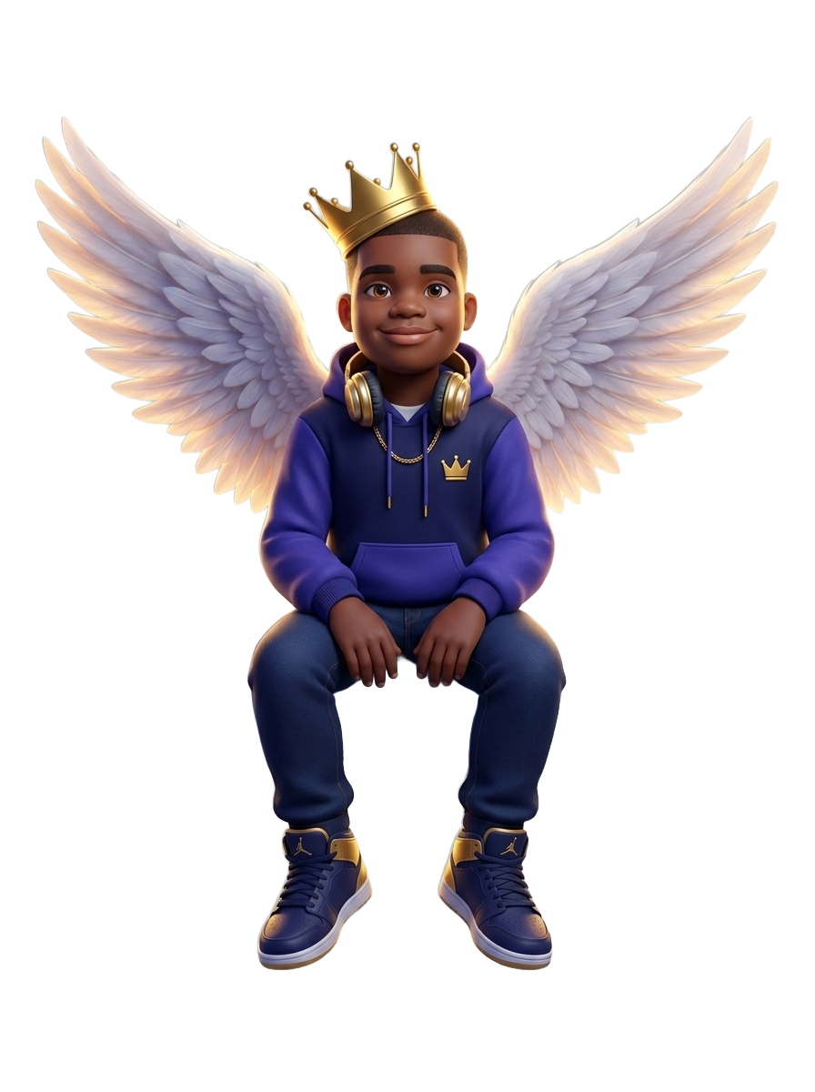 Jeremiah Marcellus King Wilson sitting in thin night clouds near the moon, crowned and winged among gold stars